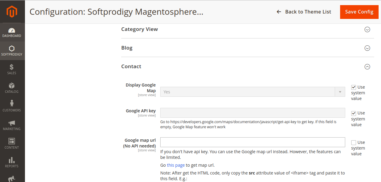 Configure Google Map in section Pages