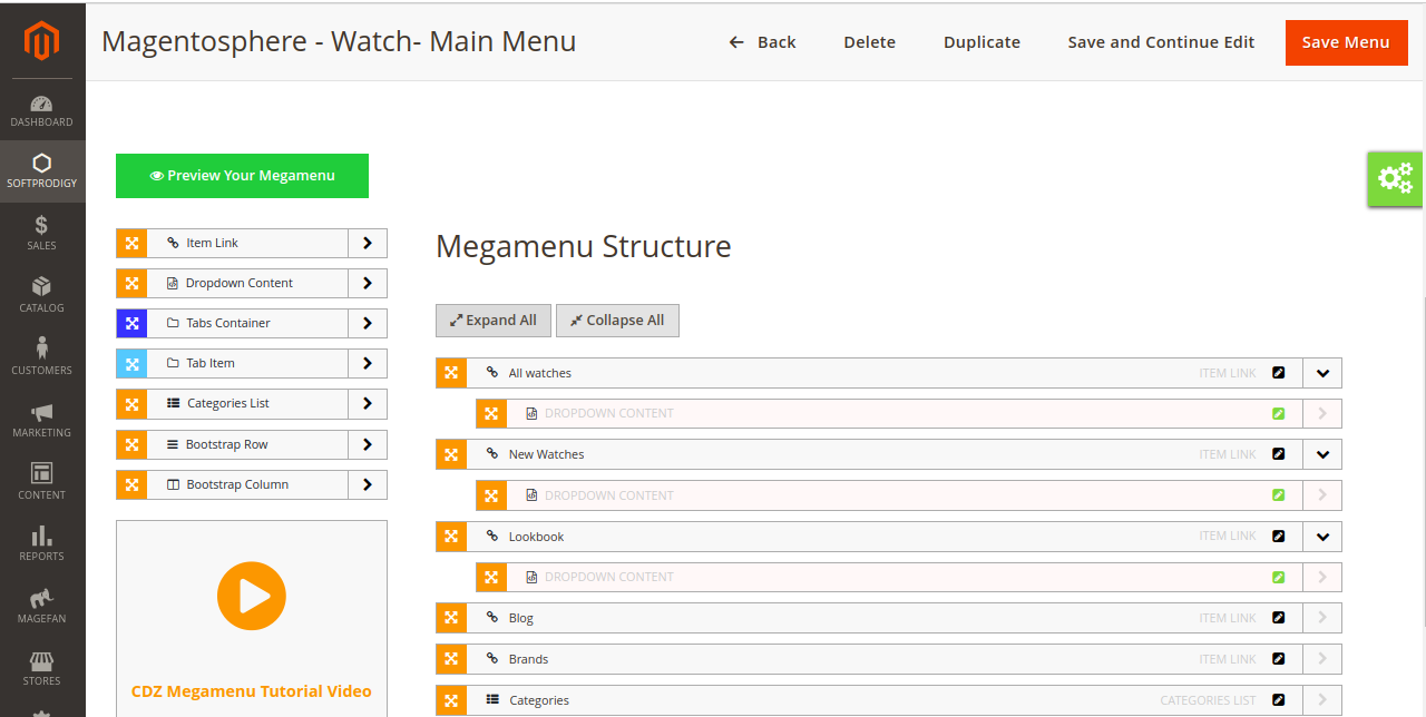 HTML content for menu